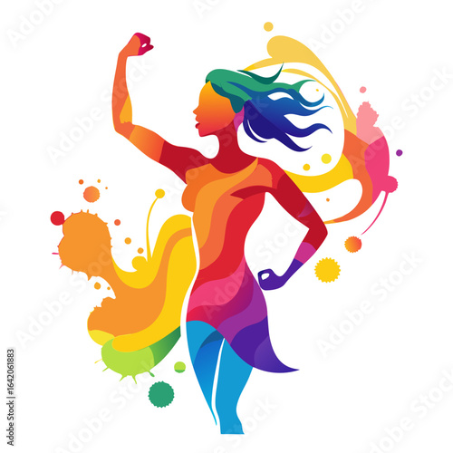 Abstract Silhouette of Strong Woman Raising Fist with Colorful Splash Art
