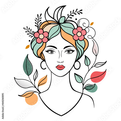 One Line Drawing of Woman Face with Floral Hair Minimalist Vector Art