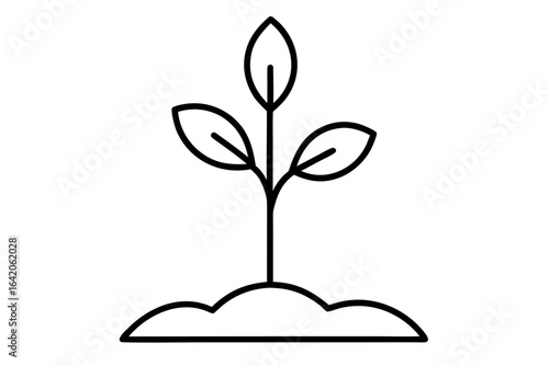 A stylized vector silhouette of a tree with roots, leaves, and sprouts representing nature, growth, and the environment