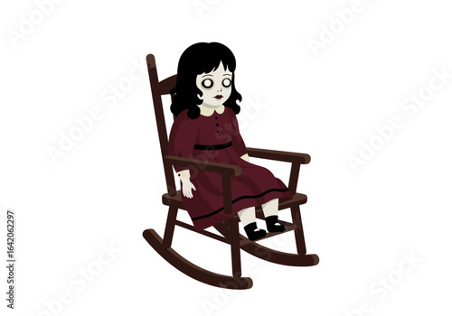 Creepy Doll Sitting in a Wooden Rocking Chair