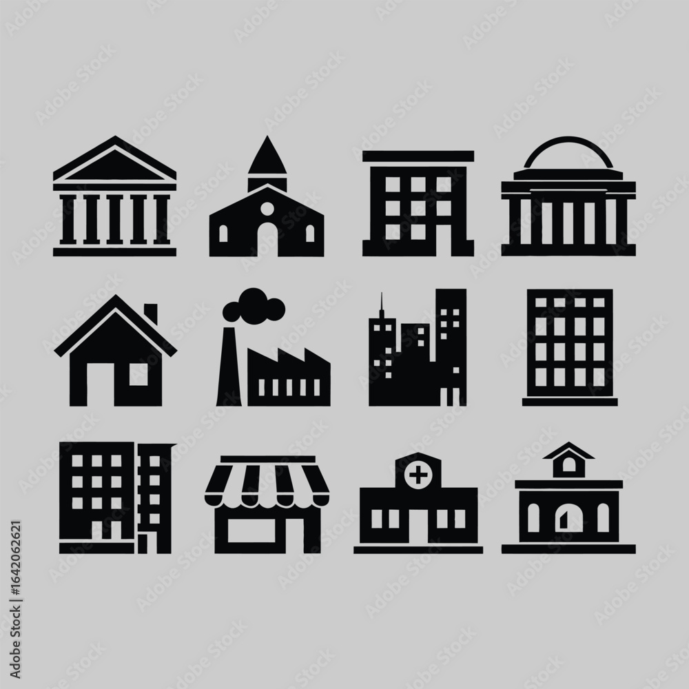 Collection of twelve black building icons on a light gray background architecture house Collection of twelve black building icons on a light gray background architecture house