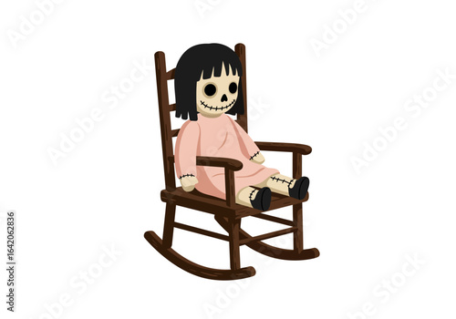 Creepy Doll with Stitched Features Sitting in Rocking Chair