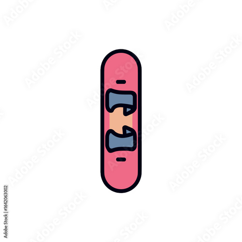 Pink snowboard with grey bindings against white background