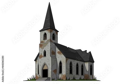 Dilapidated Cartoon Church with Tall Spire and Brick Damage