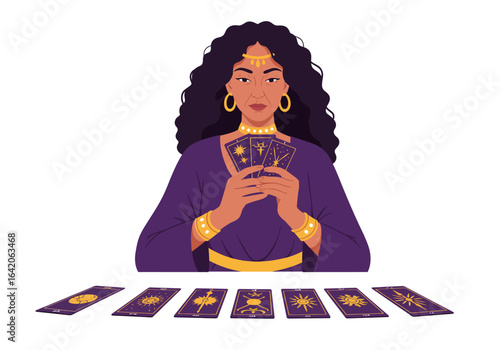 Fortune Teller with Tarot Cards in Purple Dress and Gold Jewelry
