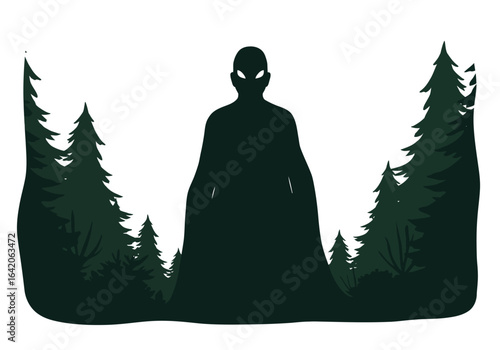 Forest Encounter: Silhouette of a Mysterious Figure Amidst Evergreen Trees
