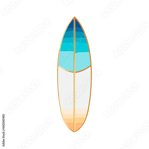 Stylized surfboard art depicting beach, sand and summer sky.