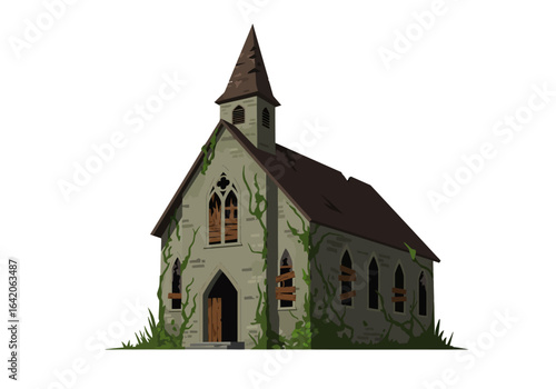 Dilapidated Church Building with Overgrown Vines and Boarded Windows