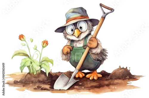 owl gardener with shovel watercolor clip art preview
