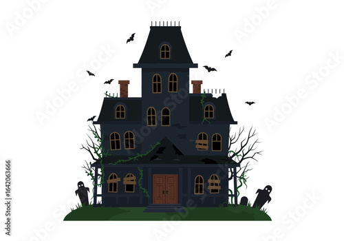 Spooky Haunted House with Bats and Ghosts for Halloween Illustration