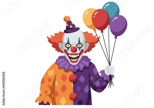 Creepy Clown with Balloons: Orange Hair, Red Nose, and Diamond Patterned Costume