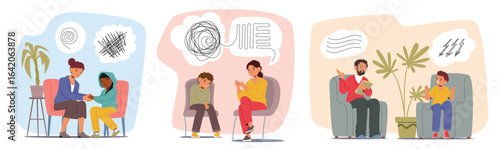 Lonely depressed frustrated children receiving professional psychiatrist and psychologist support