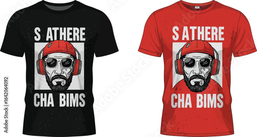 Two t shirts one black and one red with a drawing of a man with headphones and sunglasses on them