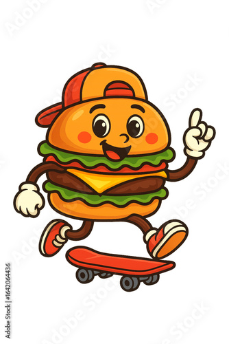 Cartoon-style illustration of a cheerful anthropomorphic burger character skateboarding, wearing a red cap backwards, dynamic pose, bright colors, transparent PNG background