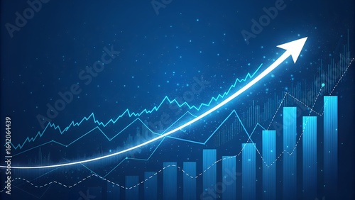 Glowing arrow graph shows upward trend against digital background with bars