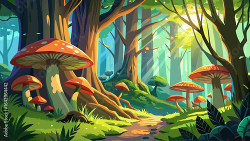 Mushrooms and vibrant moss thriving on large trees in a sunlit forest create a serene and enchanting natural landscape filled with life, color, and the quiet magic of untouched wilderness.