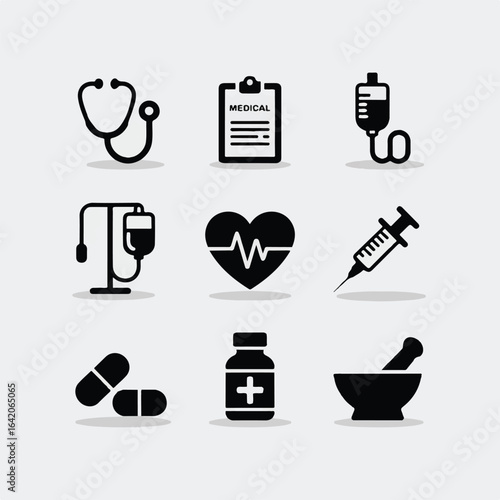 Medical icons vector illustration featuring a stethoscope heart rate monitor syringe pills mortar and pestle and other health related symbols in black on a white background