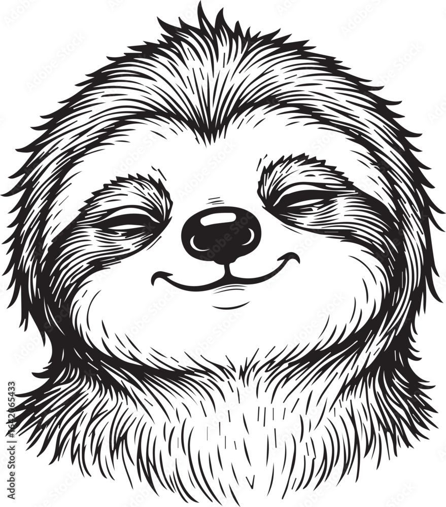 Fototapeta premium Smiling Sloth: A close-up illustration captures the charming face of a sloth, its serene expression and gentle smile radiate calmness and a carefree spirit.