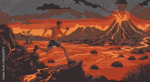 Dramatic illustration of a runner navigating a dangerous volcanic landscape with lava flows and an erupting volcano.