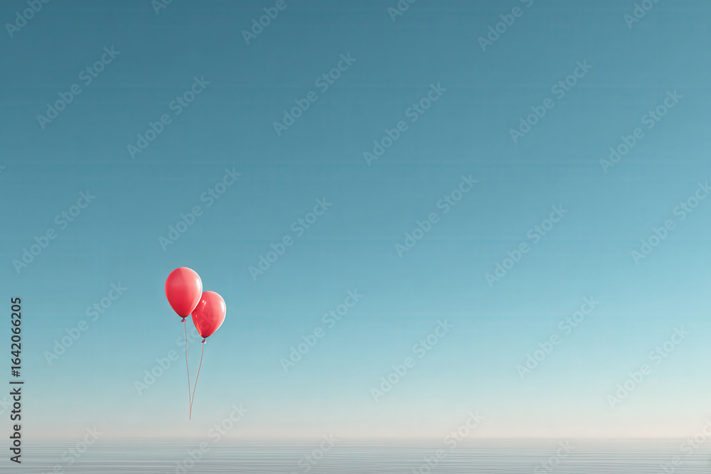 Fototapeta premium photorealistic ultraminimalist depiction featuring ultrabright blue sky with couple of balloons