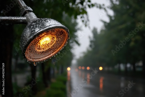 Close-up view of a vintage street lamp glowing in the rain, capturing the ambiance of a rainy day, with blurred background in a serene and tranquil environment.