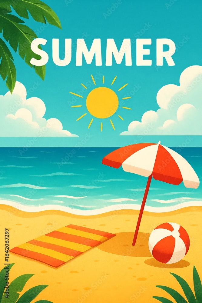 Fototapeta premium Summer beach scene with umbrella, ball, and sun on blue ocean 