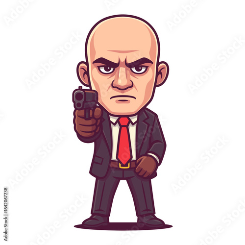 Bald Hitman in Black Suit with Gun and Red Tie Vector Cartoon