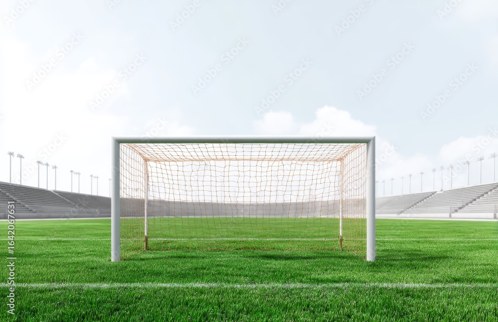 Fototapeta premium Empty Football Stadium with Green Grass and Goalpost