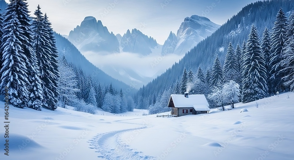 Fototapeta premium Winter landscape with snow covered cabin in the mountains and forest