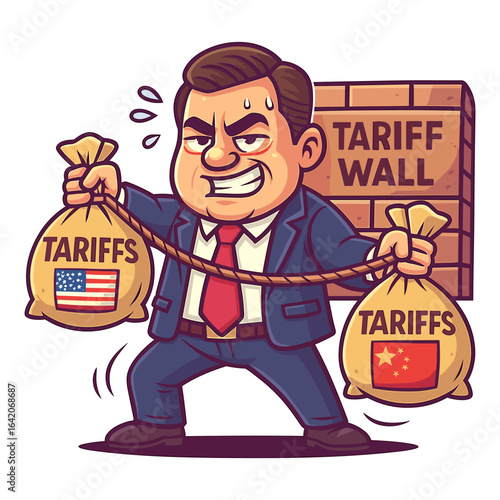 Politician Holding US-China Tariff Bags in Front of Tariff Wall Vector Cartoon