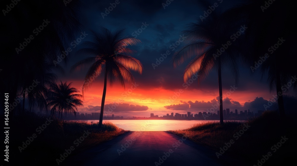 Obraz premium A breathtaking sunset scene over a calm waterway, framed by palm trees and a silhouetted city skyline, Ideal for travel promotions, nature articles, or serene artwork,