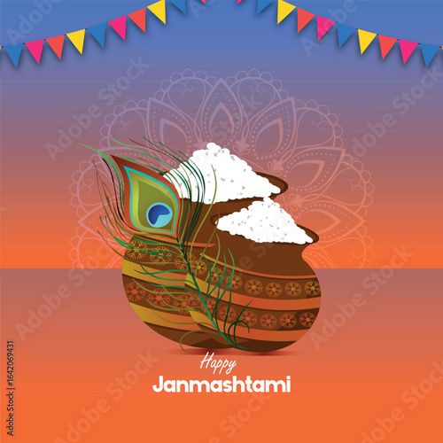 A classic Janmashtami graphic featuring two Dahi Handi pots overflowing with makhan, a peacock feather, and festive bunting. The warm, gradient background with a subtle mandala pattern.