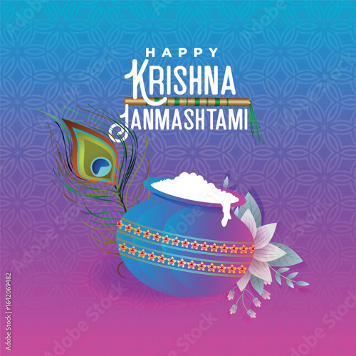 A vibrant Janmashtami graphic featuring a decorated Dahi Handi pot with makhan, a peacock feather, and a lotus flower. The rich purple and blue gradient creates a modern and festive design.