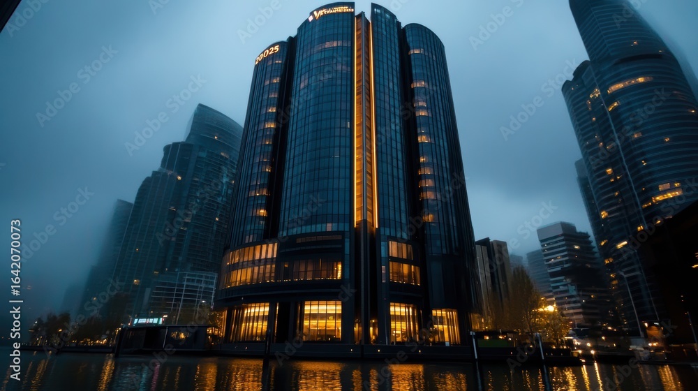 Obraz premium A modern skyscraper illuminated against a foggy skyline, this image showcases urban architecture, ideal for business websites, real estate marketing, or city-themed projects,