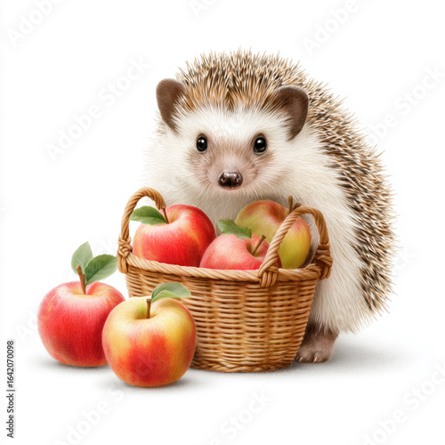 Cute Hedgehog with Basket of Apples – Autumn Illustration