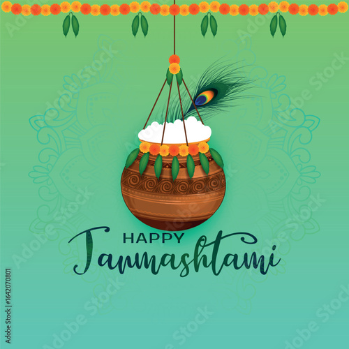 A classic Janmashtami graphic featuring a beautifully decorated Dahi Handi pot with makhan, adorned with a peacock feather and festive garlands. The calming green background makes it an elegant design