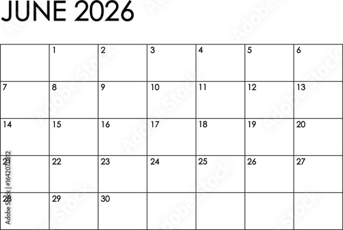 June 2026 month calendar - Sunday to Saturday format. Simple black and white design