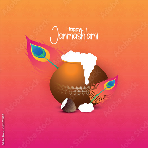 Description: A stylish Janmashtami graphic featuring a traditional Dahi Handi pot overflowing with makhan, adorned with peacock feathers. The warm color palette and festive elements are perfect.