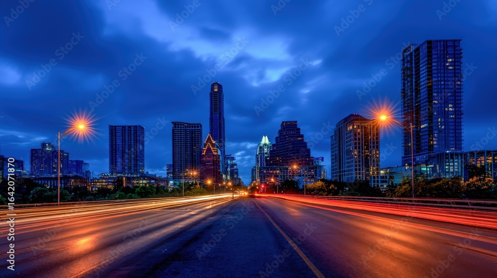 Fototapeta premium Cityscape at Twilight: Dynamic Urban Scene with Light Trails and Dramatic Sky
