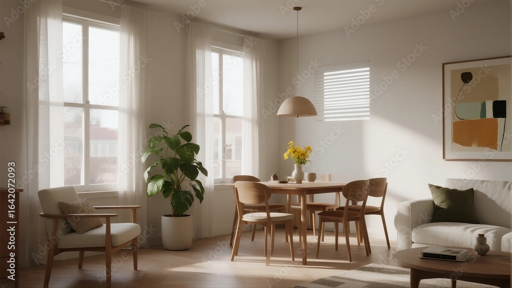 Fototapeta premium Bright Modern Living Room with Wooden Furniture and Green Plant