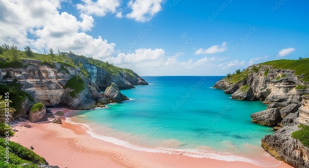 Fototapeta premium Beautiful pink sand beach with turquoise water and rocky cliffs in bermuda