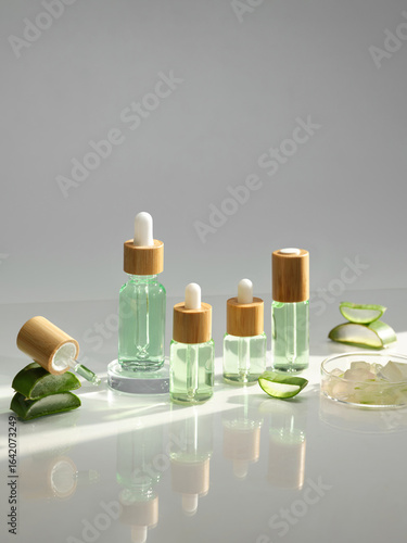 An eye-level shot captures aloe vera skincare products