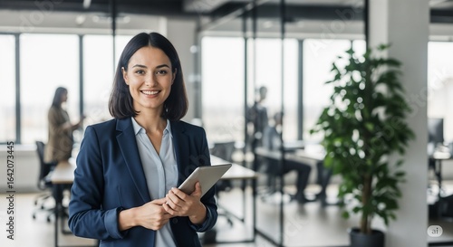 Wallpaper Mural Confident professional in a blue blazer holding a tablet in a bright, modern office with glass partitions, natural light, and active coworkers in the background—ideal for themes of leadership. Torontodigital.ca