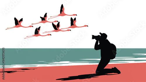 Silhouette of Photographer Capturing Flamingos in Flight Scenic Beach Landscape Photography Concept Artistic Vector Illustration