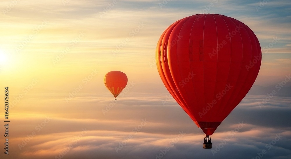 Fototapeta premium Two red hot air balloons flying over the clouds at sunset or sunrise