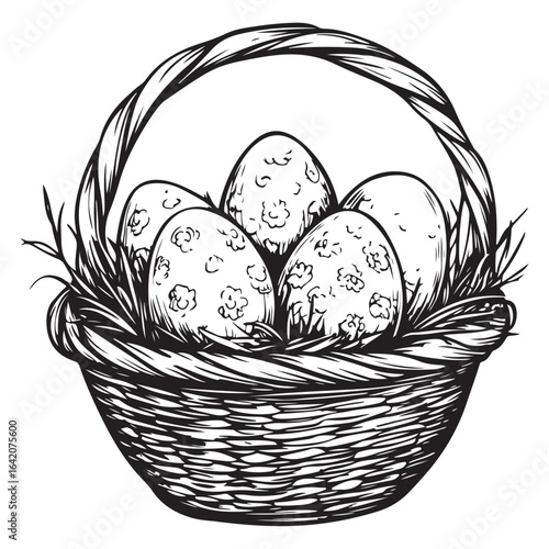 A charming vintage art silhouette of an easter basket filled with decorative patterned eggs ready for the holiday.