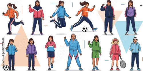 Group of girls in sportswear engaging in various activities on a white background with triangles