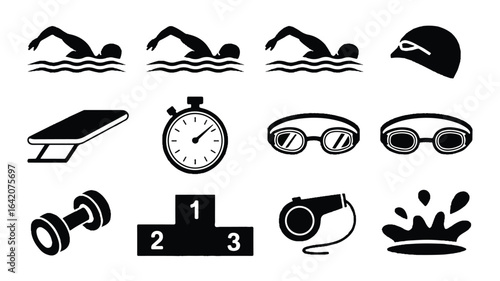 Swimming pool equipment and swimmer icons vector set for design and creative projects representing aquatic sports and fitness black and white