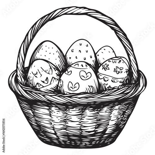 A charming vintage art silhouette of an easter basket filled with decorative patterned eggs ready for the holiday.
