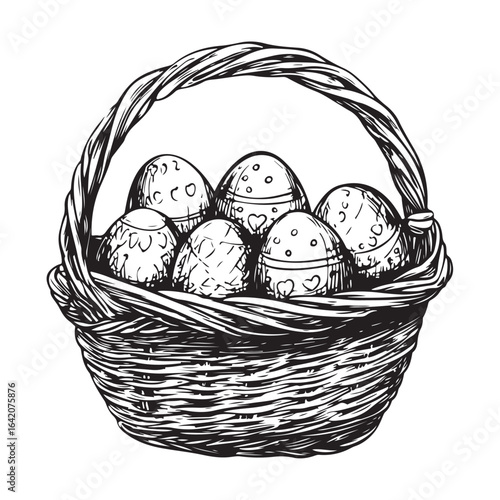 A charming vintage art silhouette of an easter basket filled with decorative patterned eggs ready for the holiday.